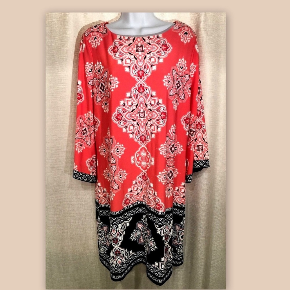 STUDIO ONE NY Women’s Large Coral Pink Black Paisley 3/4 Sleeves Knee Dress